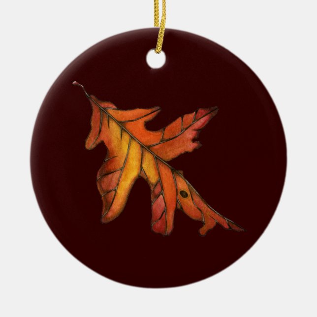 Red Oak Leaf Ceramic Ornament (Front)
