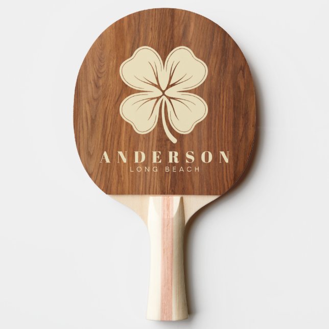 Red Oak Wood Four Leaf Clover with Name Ping Pong Paddle (Back)