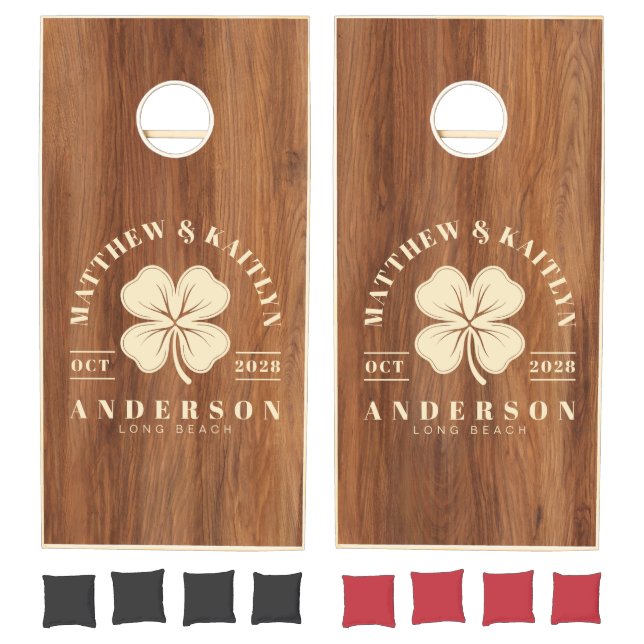Red Oak Wood Irish Lucky Clover Wedding Crest Cornhole Set (Set)