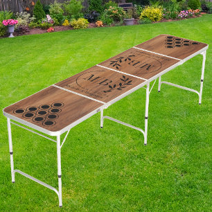 Red Oak Wood Modern Leaf Wedding Monogram DK Beer Pong Table