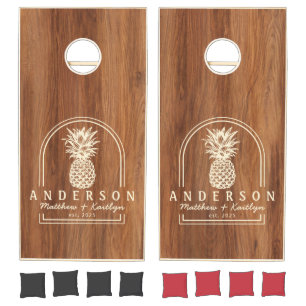Red Oak Wood Pineapple Wedding Arch & Name Cornhole Set