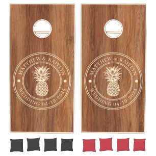 Red Oak Wood Pineapple Wedding Crest & Names Cornhole Set
