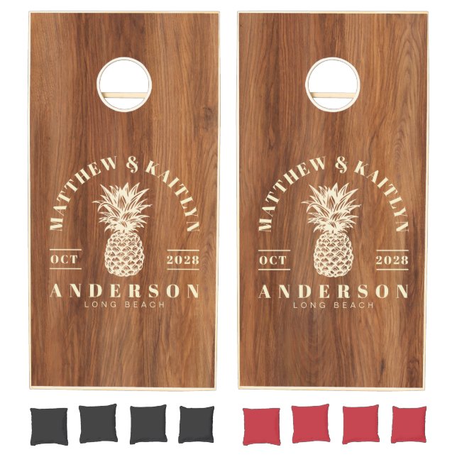 Red Oak Wood Tropical Pineapple Wedding Crest Cornhole Set (Set)