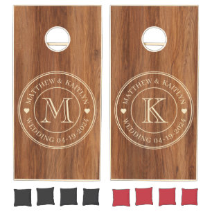 Red Oak Wood Wedding Monogram Heart Cornhole Set