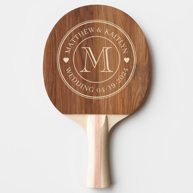 Red Oak Wood Wedding Monogram Heart Ping Pong Paddle (Front)