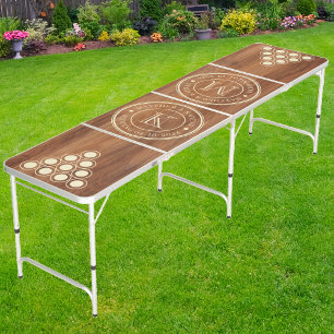 Red Oak Wood Wedding Monogram with Name & Date Beer Pong Table