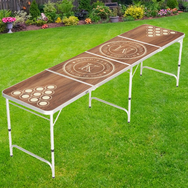 Red Oak Wood Wedding Monogram with Name & Date Beer Pong Table (Creator Uploaded)