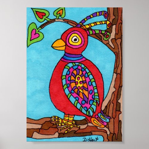 Red Oaxacan Bird Mini Mexican Folk Art Poster