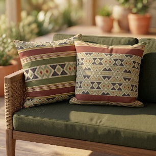 Red Ochre Mustard Yellow Olive Drab Green Ikat Art Outdoor Pillow