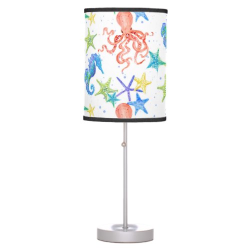 Red Octopus Beach Starfish Seahorse Watercolor Art Table Lamp