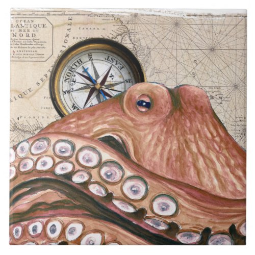 Red Octopus Compass Vintage Map beige Ceramic Tile