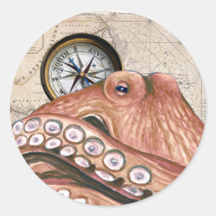 Red Octopus Compass Vintage Map beige Classic Round Sticker