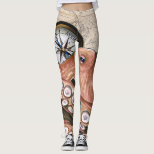 Red Octopus Compass Vintage Map beige Leggings