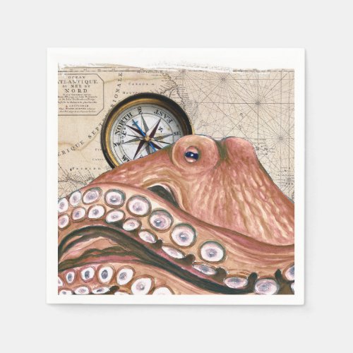 Red Octopus Compass Vintage Map beige Napkins