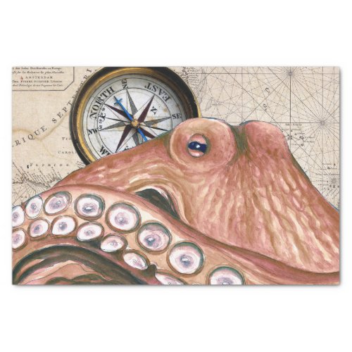 Red Octopus Compass Vintage Map beige Tissue Paper