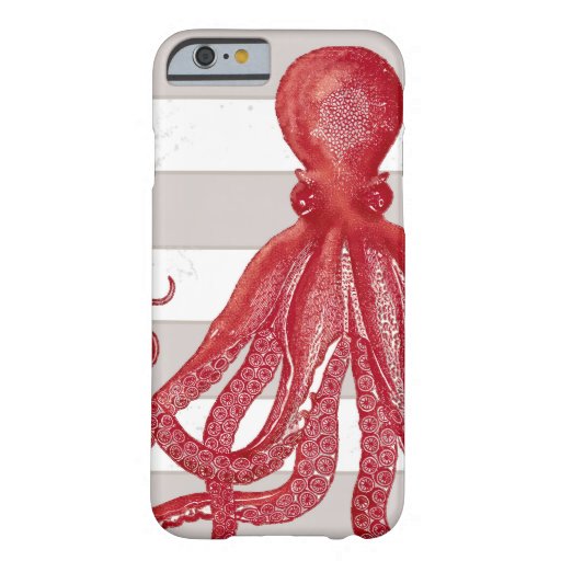 Red Octopus Grey Stripe Beach Nautical Vintage Art Barely There iPhone 6 Case