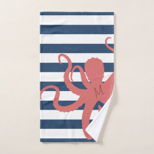 Red octopus modern beach white navy blue striped bath towel set