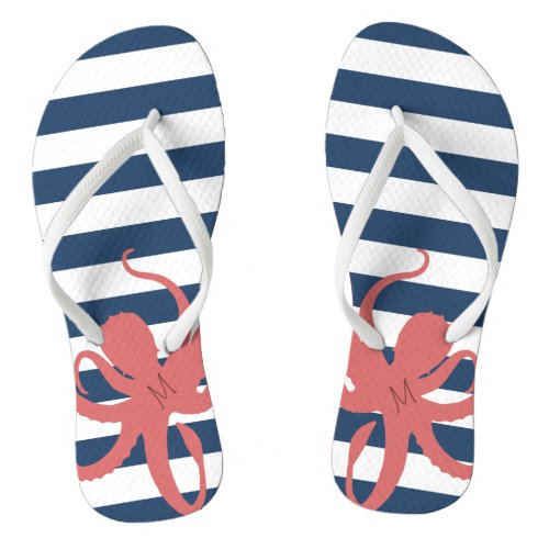 Red Octopus Modern Beach White Navy Blue Striped Flip Flops