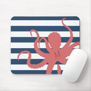 Red octopus modern beach white navy blue striped mouse pad