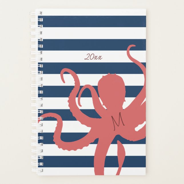 Red octopus modern beach white navy blue striped planner (Front)