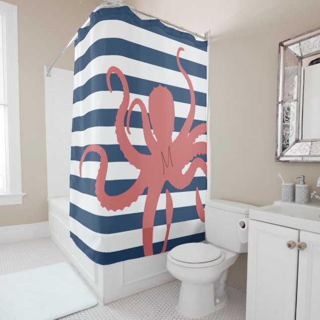 Red octopus modern beach white navy blue striped shower curtain (In Situ)