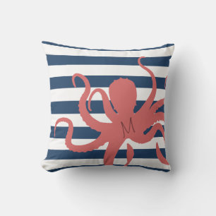 Red octopus modern beach white navy blue striped throw pillow
