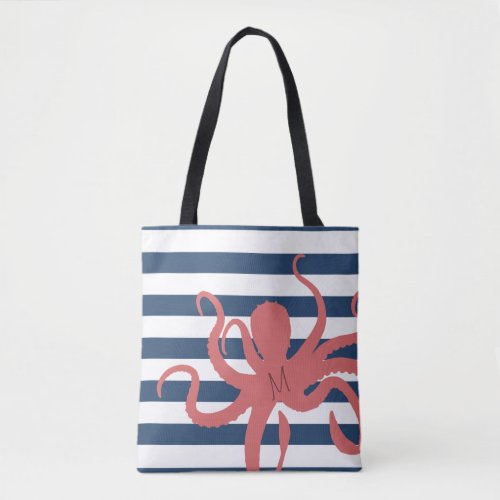 Red octopus modern beach white navy blue striped tote bag