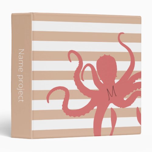 Red octopus modern beach white sand striped 3 ring binder