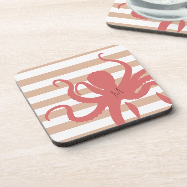 Red octopus modern beach white sand striped beverage coaster (Left Side)