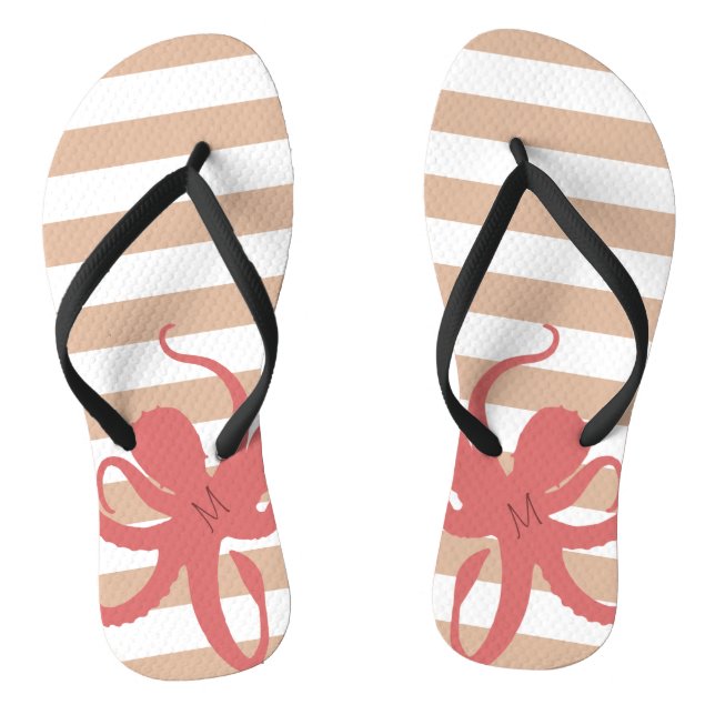 Red octopus modern beach white sand striped flip flops (Footbed)
