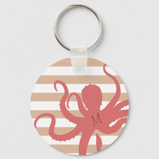 Red octopus modern beach white sand striped keychain (Front)