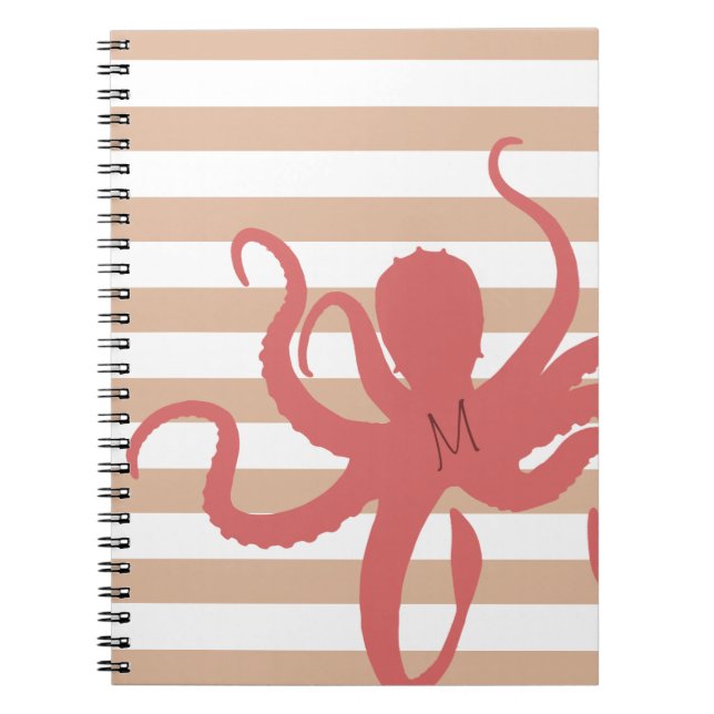 Red octopus modern beach white sand striped notebook (Front)