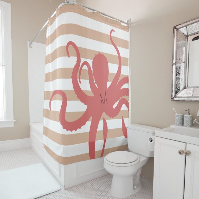Red octopus modern beach white sand striped shower curtain (In Situ)