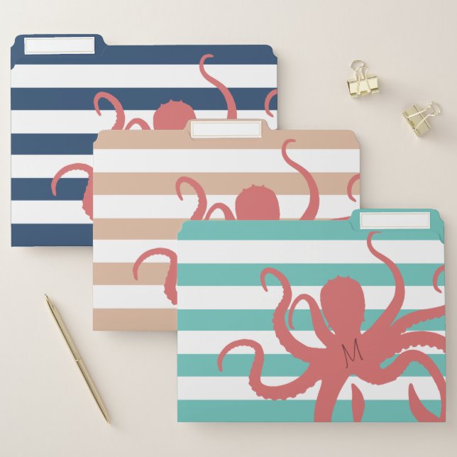 Red octopus modern beach white striped monogram file folder (Set)
