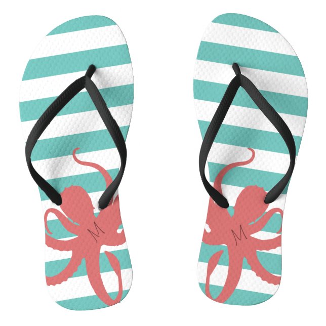 Red octopus modern beach white teal striped flip flops (Footbed)