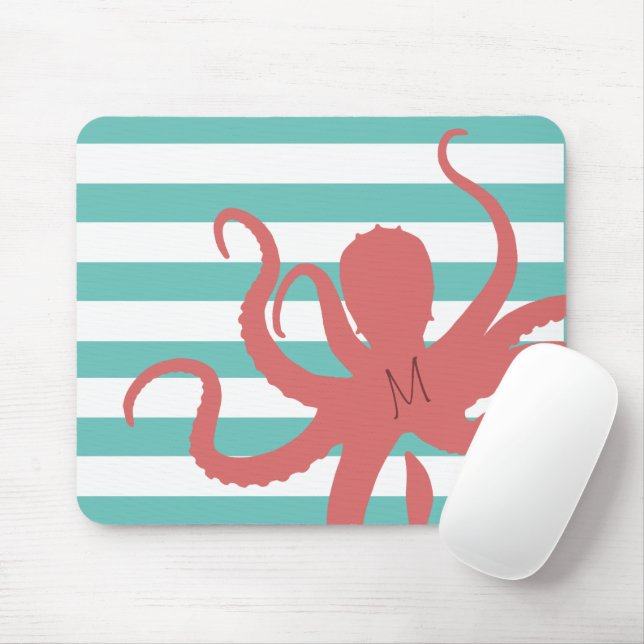 Red octopus modern beach white teal striped mouse pad (With Mouse)