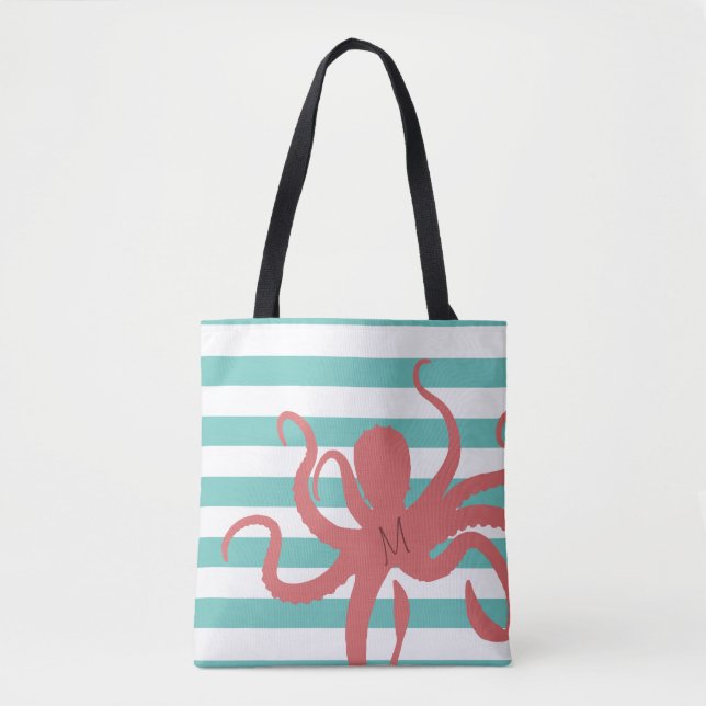 Red octopus modern beach white teal striped tote bag (Front)