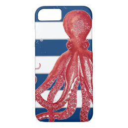 Red Octopus Navy Striped Beach Nautical Vintage iPhone 8/7 Case