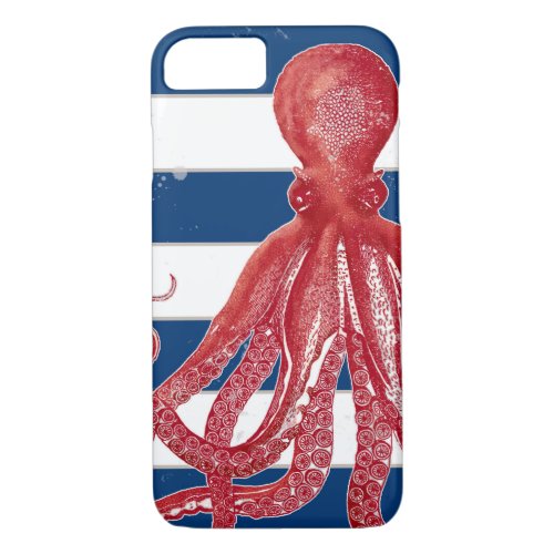 Red Octopus Navy Striped Beach Nautical Vintage iPhone 87 Case