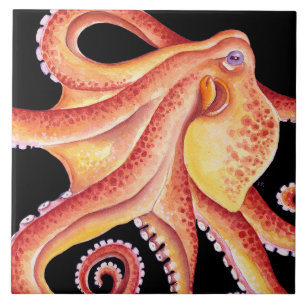 Red Octopus on Black Watercolor Art Ceramic Tile