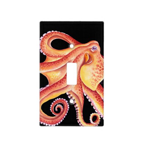 Red Octopus on Black Watercolor Art Light Switch Cover