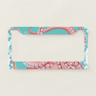 Red Octopus Teal stained glass License Plate Frame