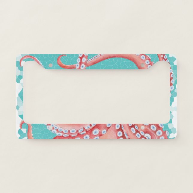 Red Octopus Teal stained glass License Plate Frame (Front)
