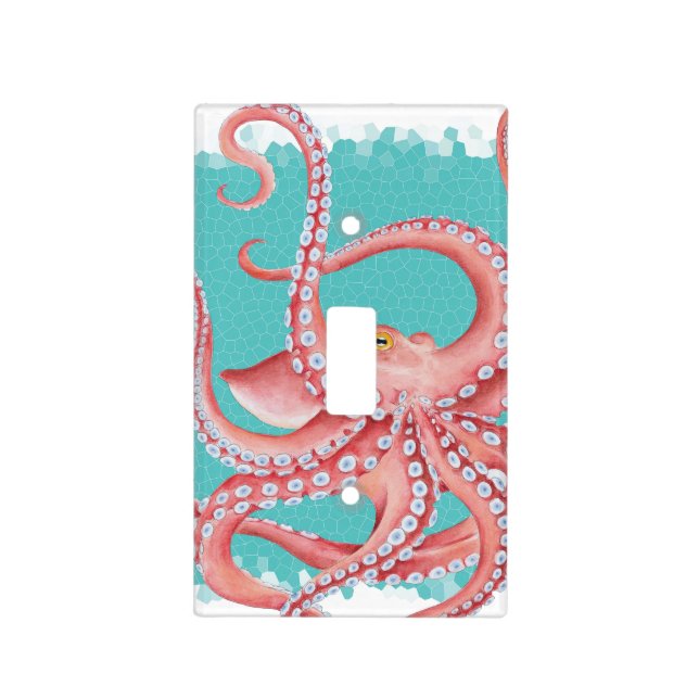 Red Octopus Teal stained glass Light Switch Cover (Front)