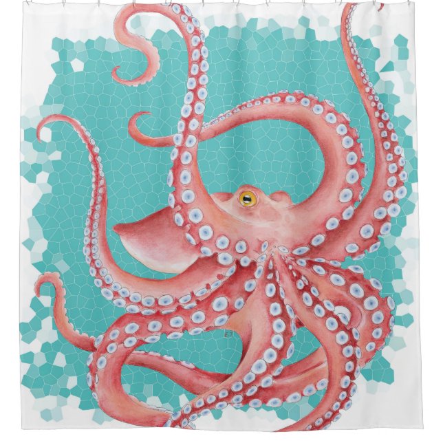 Red Octopus Teal stained glass Shower Curtain (Front)
