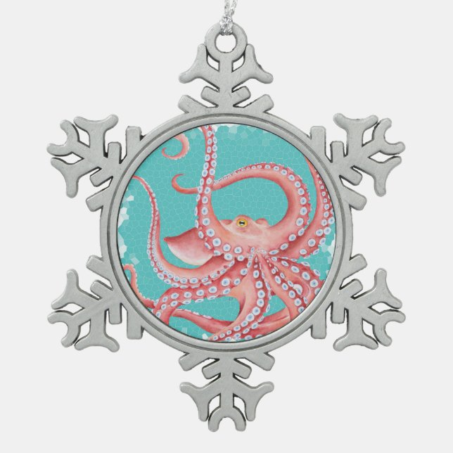 Red Octopus Teal stained glass Snowflake Pewter Christmas Ornament (Front)
