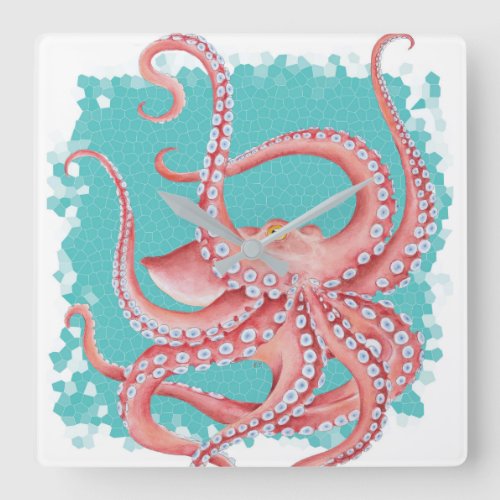 Red Octopus Teal stained glass Square Wall Clock