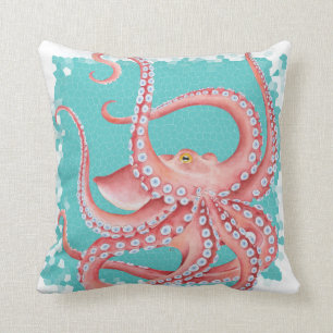Red Octopus Teal stained glass Throw Pillow