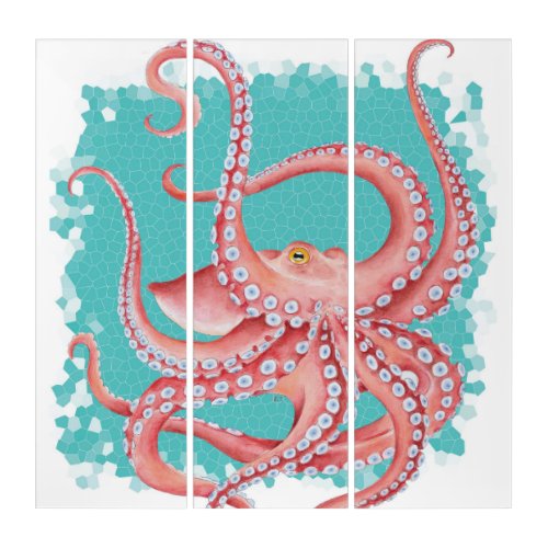 Red Octopus Teal stained glass Triptych