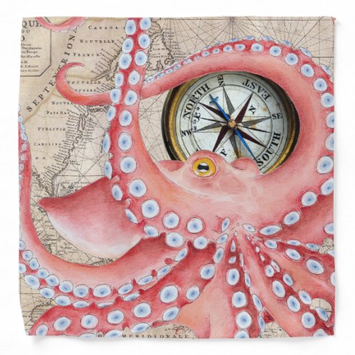 Red Octopus Vintage Map Compass Bandana